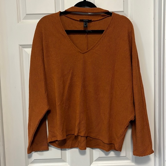 oversized ribbed keyhole warm orange v neck sweater - Picture 1 of 3